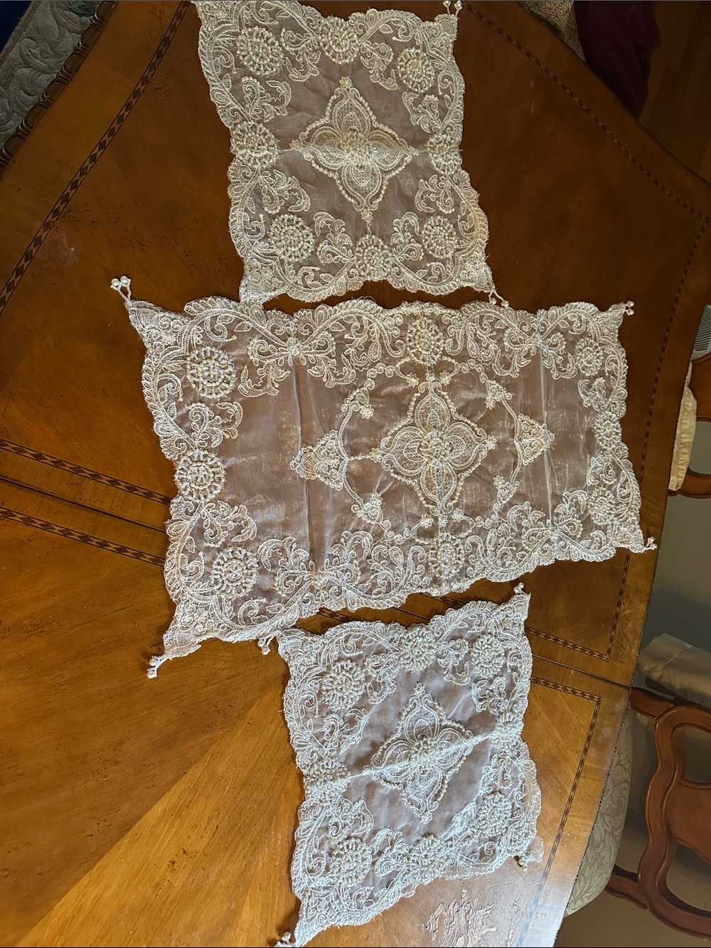 Hand Crafted White organza Embroidered Lace Table Set With pearl and sequins